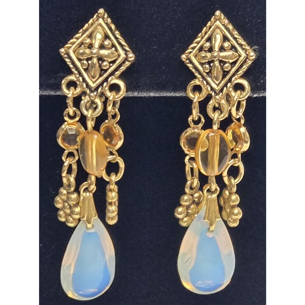 Vintage Clip On Earrings Avon Amber Opal Faux Glass Beads Dangle Long 2in